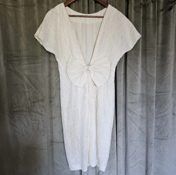 knee length dresses for ladies Vintage 90s Ivory Eyelet Mini Slip Dress (M)